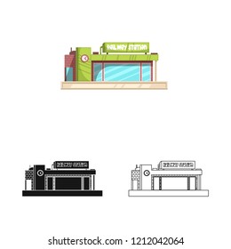 Vector illustration of train and station symbol. Collection of train and ticket stock vector illustration.