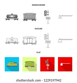 Vector illustration of train and station symbol. Set of train and ticket stock vector illustration.