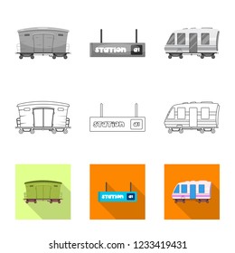 Vector illustration of train and station symbol. Collection of train and ticket stock symbol for web.