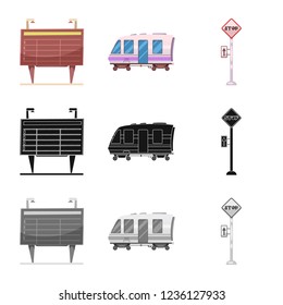 Vector illustration of train and station symbol. Collection of train and ticket stock vector illustration.
