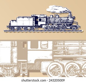 vector illustration of a train stylized as engraving in comics style.