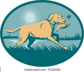 vector illustration of a trained Retriever  dog with bird on wetland  set inside an ellipse.