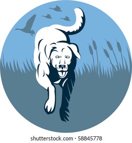 vector illustration of a trained Retriever  dog with bird on wetland  set inside a circle