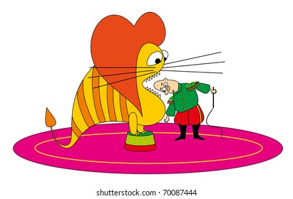 Vector illustration. The trainer and lion