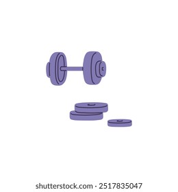 Ilustración vectorial del equipo de entrenamiento de la mancuerna con discos. El icono destaca la importancia del entrenamiento deportivo para la promoción de la salud.