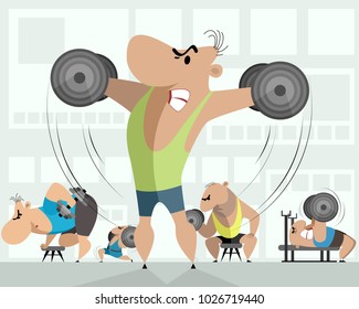 Vector illustration of a training of five bodybuilders