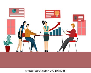Vector illustration. Training of office staff. Increase sales and skills. Team thinking and brainstorming. idea meeting.