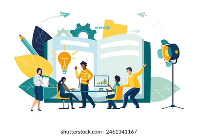 Vector illustration. Training of office staff. Increase your sales and skills. Team thinking and brainstorming. Analysis of information about company. People ethnic, african american, business concept