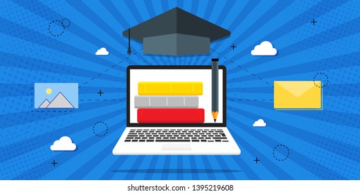 Vector illustration of training, online training, online lessons, education concept. Books on blue background, retro style, pop art. Vector illustration.