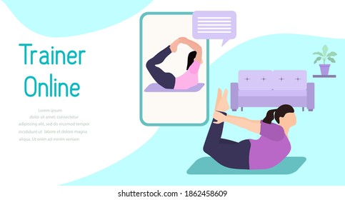 Vector illustration Training with an online trainer Sport fitness training at home Online sports activities Healthy Active lifestyle Yoga for everyone Balance training Fitness blog Workout app concept