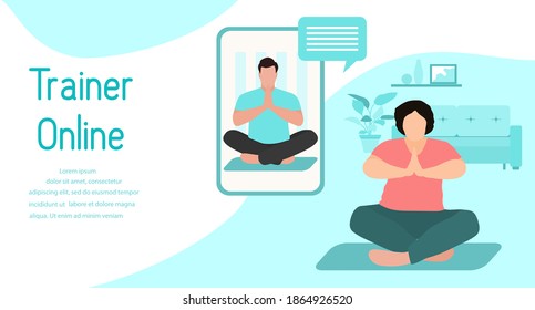 Vector illustration Training with an online trainer Sport fitness training at home Online sports activities Healthy Active lifestyle Yoga for everyone Balance training Fitness blog Workout app concept