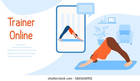 Vector illustration Training with an online trainer Sport fitness training at home Online sports activities Healthy Active lifestyle Yoga for everyone Balance training Fitness blog Workout app concept