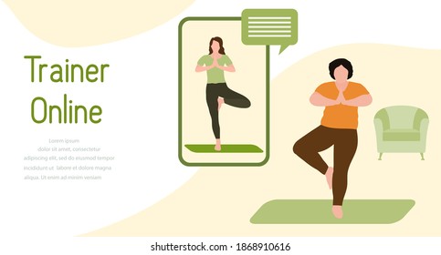 Vector illustration Training with an online trainer Sport fitness training at home Online sports activities Healthy Active lifestyle Yoga for everyone Balance training Fitness blog Workout app concept