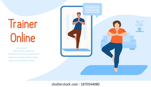 Vector illustration Training with an online trainer Sport fitness training at home Online sports activities Healthy Active lifestyle Yoga for everyone Balance training Fitness blog Workout app concept