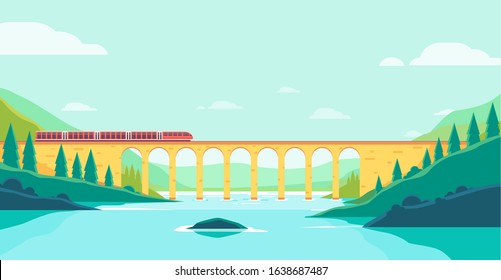 Vector illustration of trains crossing a river over the railroad bridge on the  sunny day. Suitable for web illustration on the theme of travel by train