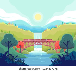 Vector illustration of trains crossing a river over the railroad bridge. Suitable for web illustration web illustration on the theme of travel by train
