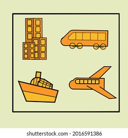 Vector illustration of trains, planes, ships, and hotels for travel agent cargo icons 