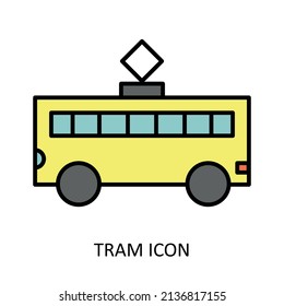Vector illustration with tram icon. Outline drawing