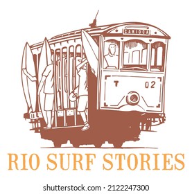 Vector illustration of tram with surfers and skaters passengers. Handmade drawing in stripped strokes. Art for printing on t-shirts, posters and etc...