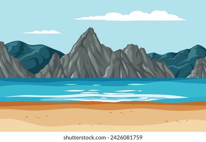 Vector illustration of a tranquil beachfront and mountains.