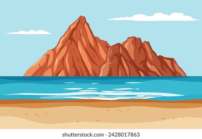 Vector illustration of a tranquil beachfront and towering cliffs.