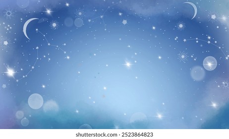 Ilustração vetorial de um tranquilo céu noturno azul com estrelas cintilantes, luas crescentes e efeitos sonhadores de bokeh. O fundo evoca uma sensação de calma e encanto.