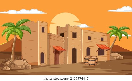 Vector illustration of a tranquil desert village