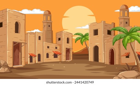 Vector illustration of a tranquil desert village