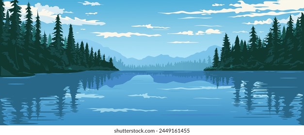 Vector illustration of a tranquil forest landscape with mountains, pine trees, and a reflective lake under a partly cloudy sky. Vector illustration