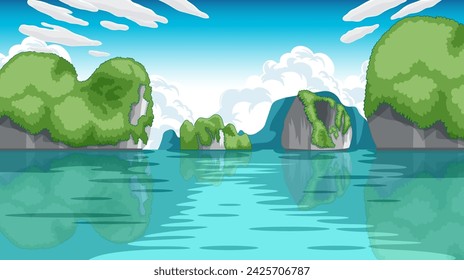 Vector illustration of tranquil lake with lush islands.