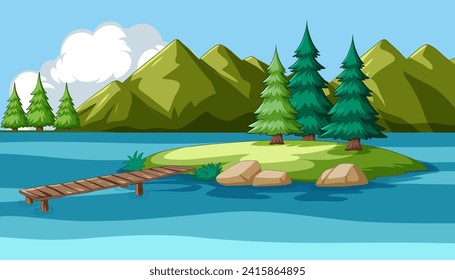 Ilustración vectorial de una escena tranquila a orillas del lago