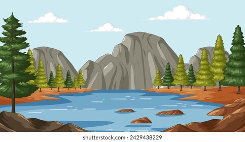 Vector illustration of a tranquil mountain lake scene
