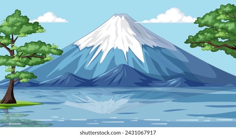 Vector illustration of a tranquil mountain and lake scene