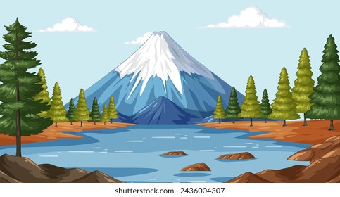 Vector illustration of a tranquil mountain lake scene