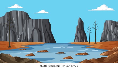 Ilustración vectorial de una escena tranquila de un lago de montaña