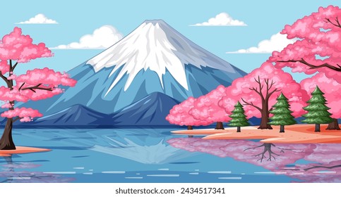 Vector illustration of a tranquil mountain landscape with cherry blossoms.
