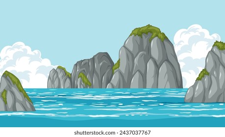 Vector illustration of tranquil ocean and rocky cliffs