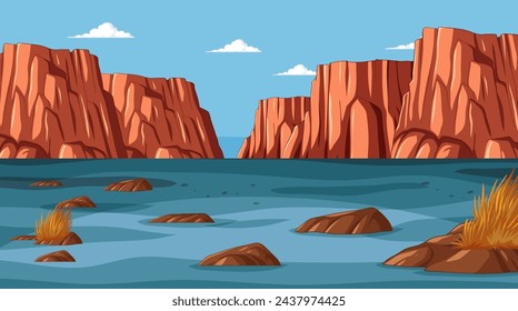 Vector illustration of a tranquil river canyon scene