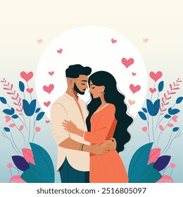 Vector illustration of Trans Indian couple hugging in love and standing surrounded by flowers and plants