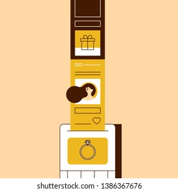 Vector illustration of transaction point of sales. Buying a wedding ring, bride, gift