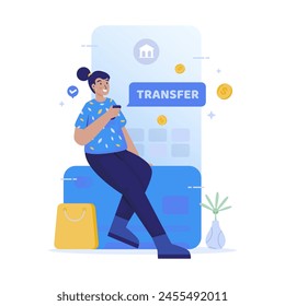 Ilustración vectorial de transferir dinero fácilmente, Transacciones bancarias financieras, Una mujer está transfiriendo dinero