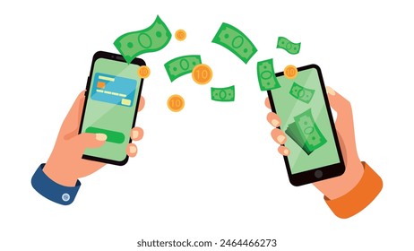 Ilustración vectorial de transferir dinero de un smartphone a otro. Escena de caricaturas de manos sosteniendo teléfonos y transfiriendo dinero de una Cuenta a otra, billetes, monedas. Pagos en línea.