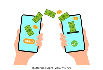 Ilustración vectorial de transferir dinero de un smartphone a otro. Escena de dibujos animados de manos sosteniendo teléfonos y transfiriendo dinero de una Cuenta a otra, billetes, monedas. Pagos en línea.