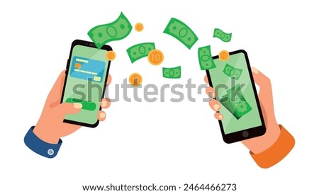 Vector illustration of transferring money from one smartphone to another. Cartoon scene of hands holding phones and transferring money from one account to another, bills, coins. Online payments.