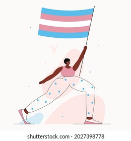Vector illustration with transgender person with rainbow flag in his hand going to the demonstration.