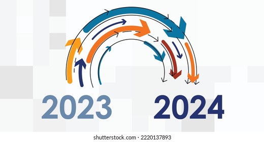 vector illustration of transition elements from 2023 to 2024 with arrows showing the process