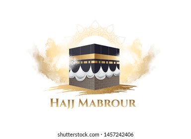 vector illustration. Translation Arabic: Muslim holiday hajj pilgrimage. Islamic pilgrimage to Mecca, Saudi Arabia.