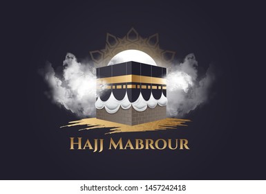 vector illustration. Translation Arabic: Muslim holiday hajj pilgrimage. Islamic pilgrimage to Mecca, Saudi Arabia.