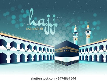 Vector illustration. Translation Arabic: Muslim holiday hajj pilgrimage. Islamic pilgrimage to Mecca, Saudi Arabia