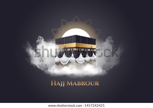 vector\
illustration. Translation Arabic: Muslim holiday hajj pilgrimage.\
Islamic pilgrimage to Mecca, Saudi\
Arabia.
